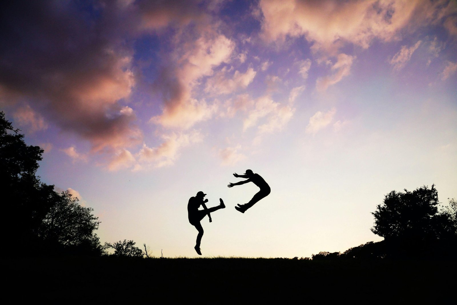 Silhouette of martial artists performing high jumps against a twilight sky.