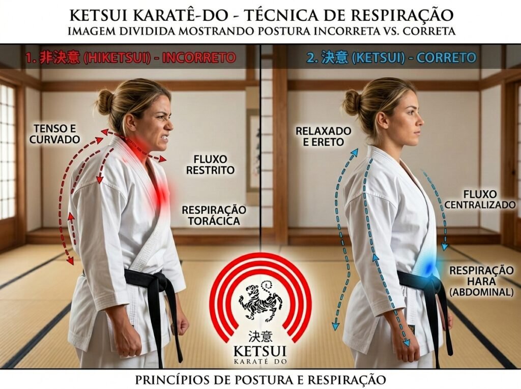 Postura incorreta e postura correta para respiração no karatê