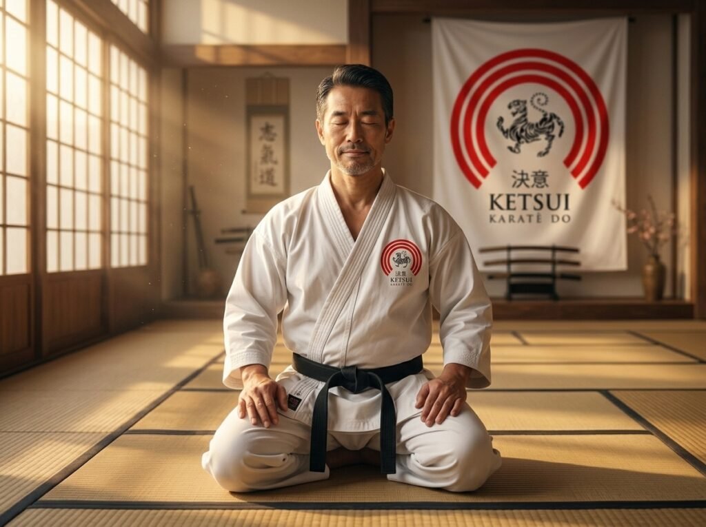 Sensei de joelhos no tatamê concentrado e respirando em sua meditação.