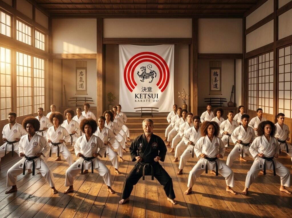Alunos praticando kihon no meio da aula com seu Sensei