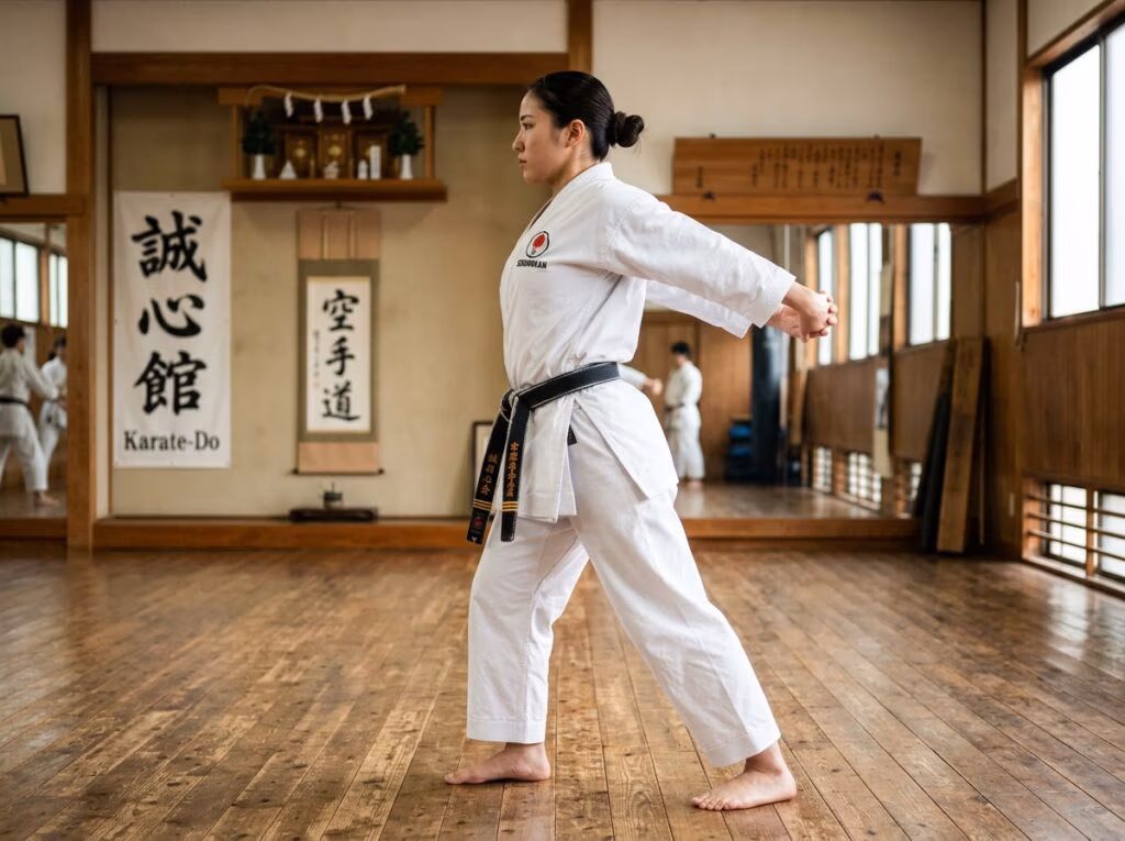 Sensei jogando braços para trás forçando o alongamento de peito, braços e costas ao mesmo tempo.