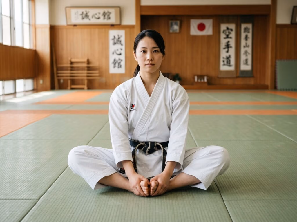 Sensei sentada com os pés juntos e forçando a abertura das pernas em formato de borboleta, trabalhando a virilha.