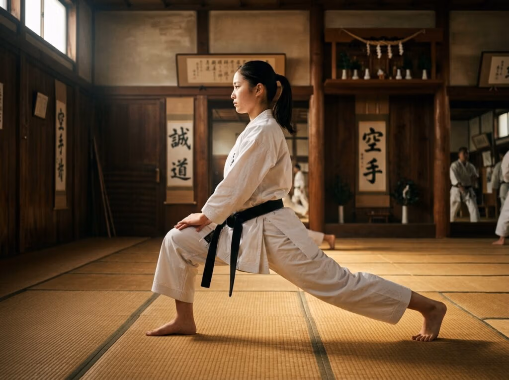 Sensei flexionando joelho direito e alongando perna esquerda com proximidade do piso.
